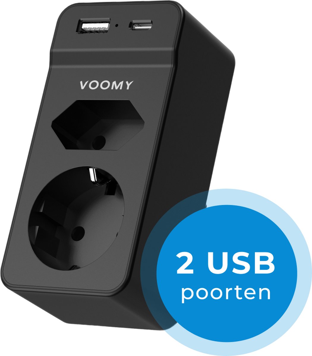 Voomy Verdeelstekker - 1 USB-C & 1 USB-A Poort - 2 stopcontacten - 4000W - Zwart 